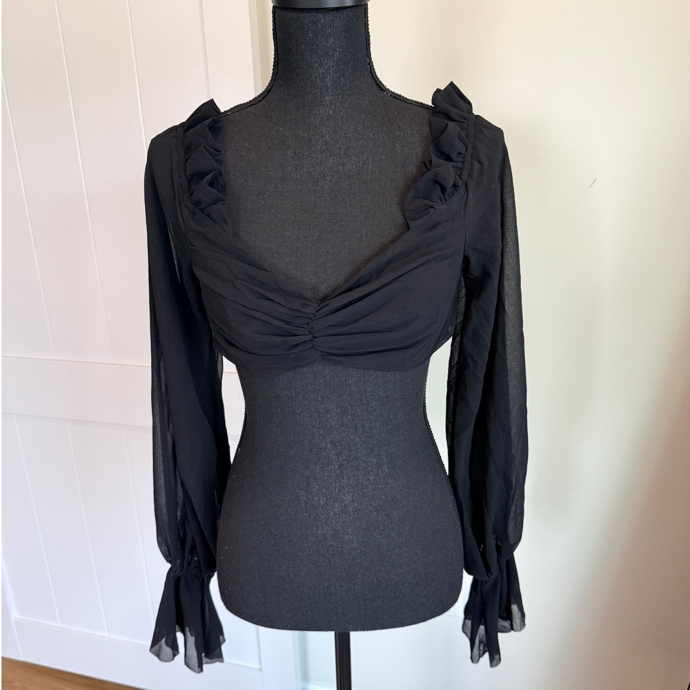 House of CB Giuliana Black Ruched Crop Top Sheer Long Sleeve Blouse Size L